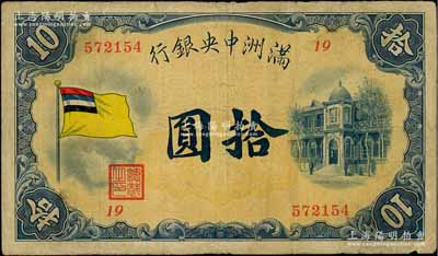 满洲中央银行（1932年）甲号券五色旗版拾圆，第19号券，资深藏家出品，七成新