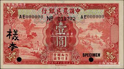 民国二十四年（1935年）中国农民银行德纳罗版壹圆样本券，正背共2枚，AE字轨，徐继庄·陈淮钟签名；柏文先生藏品，九八成新