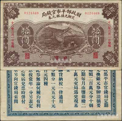 民国十二年（1923年）财政部平市官钱局定期兑换银元券拾圆，北京地名；刘文和先生藏品，源于著名集钞家徐枫先生之旧藏，罕见，八五成新