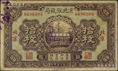 民国十五年（1926年）京兆银钱局铜元拾枚，北京地名，此乃该局第一版纸币；刘文和先生藏品，少见，原票七五成新