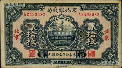 民国十七年（1928年）京兆银钱局铜元贰拾枚，北京地名，该局为河北银钱局之前身；刘文和先生藏品，且属《中国历代货币大系·民国时期商业银行纸币》一书第666页之图片原物，少见，八成新