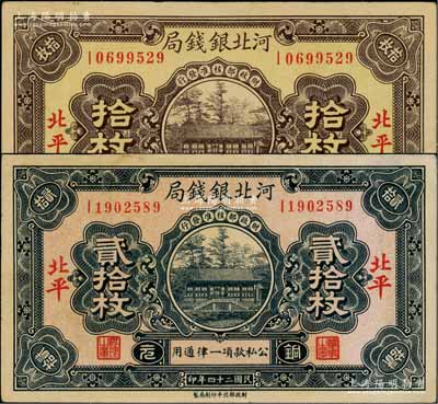 民国二十四年（1935年）河北银钱局铜元拾枚（黄色底纹版）、贰拾枚共2种不同，北平地名，此年份较少见（一般所见多为民国25年版）；刘文和先生藏品，八至八五成新