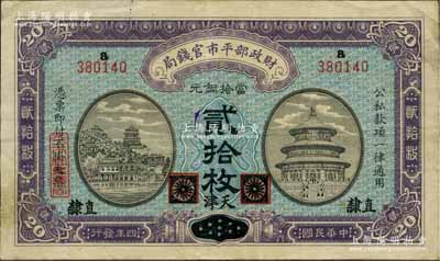 民国四年（1915年）财政部平市官钱局当拾铜元贰拾枚，黑龙江改“直隶·天津”地名，背盖“天津平市官钱局经理章”，此种地名版式未见图谱记载，源于海外回流，罕见，八成新