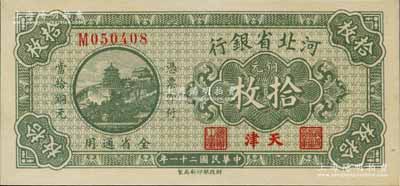 民国二十一年（1932年）河北省银行铜元拾枚，天津地名，九五成新