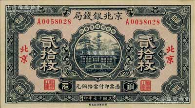 民国十七年（1928年）京兆银钱局铜元贰拾枚，北京地名，该局为河北银钱局之前身；资深藏家出品，少见且品相上佳，九成新