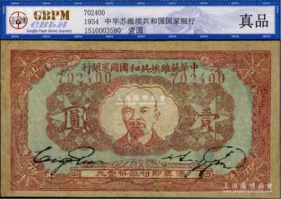 1934年中华苏维埃共和国国家银行列宁像壹圆，有修补，七成新