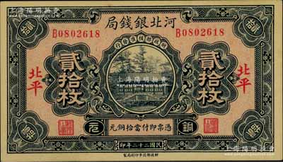 民国二十二年（1933年）河北银钱局铜元贰拾枚，北平地名；柏文先生藏品，少见，九八成新