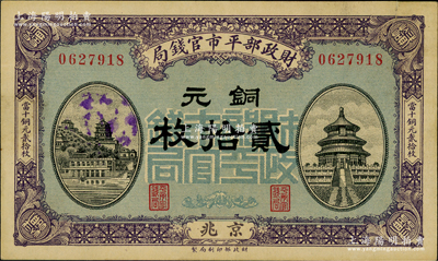 民国八年一月版（1919年）财政部平市官钱局铜元贰拾枚，京兆地名；资深藏家出品，近九成新