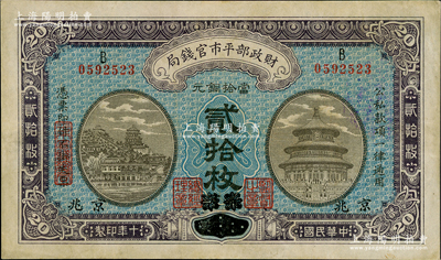 民国十年（1921年）财政部平市官钱局当拾铜元贰拾枚，直隶·保定改京兆地名；资深藏家出品，少见，八至八五成新