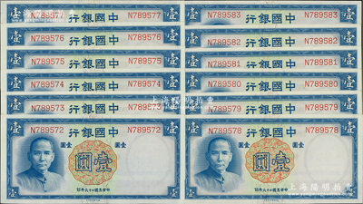 民国二十六年（1937年）中国银行德纳罗版壹圆共12枚连号，单字轨，资深藏家出品，全新一流品相