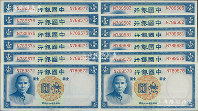 民国二十六年（1937年）中国银行德纳罗版壹圆共12枚连号，单字轨，资深藏家出品，全新一流品相