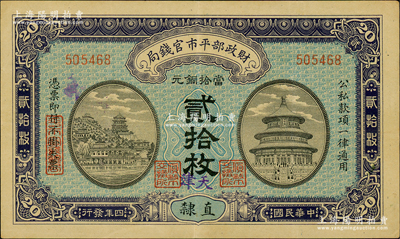 民国四年（1915年）财政部平市官钱局当拾铜元贰拾枚，无字轨，直隶地名，且手盖紫色“天津”地名，背盖“天津平市官钱局经理章”，属稀见品种；林惠忠先生藏品，少见，八成新