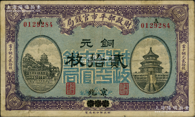 民国八年一月版（1919年）财政部平市官钱局铜元贰拾枚，烟台改京兆地名，蓝底紫色版；林惠忠先生藏品，八成新