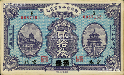 民国十一年十二月（1922年）财政部平市官钱局当拾铜元贰拾枚，江苏改京兆地名，B字轨；林惠忠先生藏品，中未折九成新