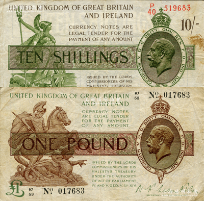 英国纸币（1919年版）10先令、1英镑共2种不同，原票七至八成新