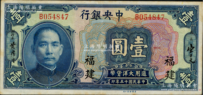 民国十五年（1926年）中央银行大洋壹圆，福建地名，原票近九成新