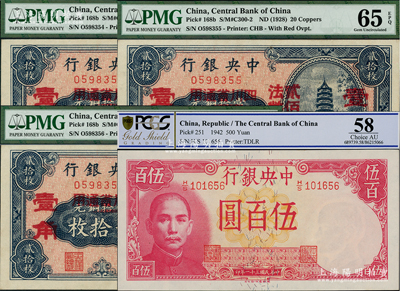 中央银行纸币4枚，详分：铜元改辅币券贰拾枚改壹角（2个红字壹角版）共3枚连号，四川省通用；1942年德纳罗版伍百圆；九八至全新