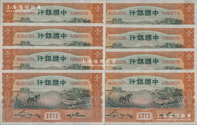 民国二十四年（1935年）中国银行马耕地图壹圆共8枚连号，天津地名，单字轨，宋汉章·卞寿孙签名，原票九五成新