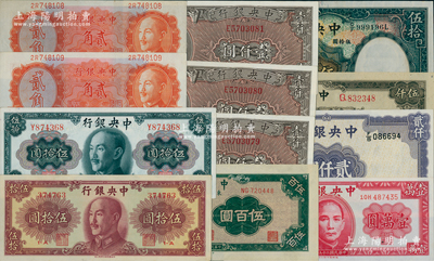 中央银行纸币12种，详分：1936年华德路版伍拾圆，1945年西方版壹仟圆3枚连号、大业版伍仟圆，1946年华德路版贰仟圆，1947年德纳罗版壹万圆；东北九省流通券1947年中央厂伍百圆；金圆券1945年伍拾圆，1946年贰角2枚连号，1948年中华版伍拾圆；九五至全新，敬请预览