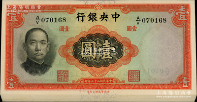 民国二十五年（1936年）中央银行华德路版壹圆共33枚连号，圆体号码版，李觉·黄秀峰签名；前辈藏家出品，上佳品相，九八至全新