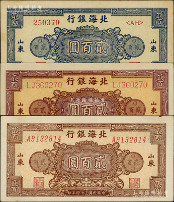 民国三十四年（1945年）北海银行花纹图贰百圆3种全套，山东地名，详分：蓝色券/背印棕色、棕红色双字轨柱体号码券/背印棕紫色、棕色单字轨斜体号码券/背印蓝色；源于江南藏家之遗存，上佳品相，原票九至九五成新