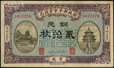 民国八年一月版（1919年）财政部平市官钱局铜元贰拾枚，京兆地名，蓝底紫色版；日本回流品，八五成新