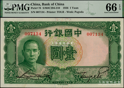 民国二十五年（1936年）中国银行德纳罗版壹圆，无字轨，全新PMG UNC 66 EPQ