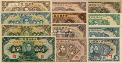 中央储备银行纸币共12种，详分：1942年壹百圆，1943年绿色壹百圆、蓝色壹百圆、长框长号伍百圆2种颜色、长框长号无底纹伍百圆、短框短号伍百圆2种颜色，1944年长框短号壹仟圆、短框短号壹仟圆、褐色壹万圆、短框短号壹万圆；源于前辈名家之遗藏，上佳品相，九至九八成新