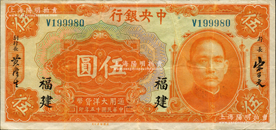 民国十五年（1926年）中央银行大洋伍圆，福建地名，原票八成新