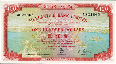 1973年有利银行壹佰圆，香港地名，九成新
