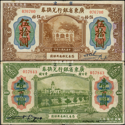 民国七年（1918年）省立广东省银行兑换券伍拾圆、壹百圆共2枚不同，其中：伍拾圆券左边签名为手签版；壹百圆券右边为手签名，且签名下印“Cashier”（出纳）和“Managing Director”(总经理)之英文职务，属少见版式；七五至八成新