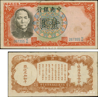 民国二十五年（1936年）中央银行“军队归来证”壹圆，其号码为蓝色“267355”号，李觉·田亦民签名（注：此种壹圆通常所见均为李觉·黄秀峰签名，且均为558829绿色号码版，花纹印刷亦有明显差异），少见，原票近八成新