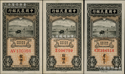 民国廿四年（1935年）中国农民银行大业版贰角共3种全套，详分：单字轨徐继庄签名券、双字轨徐继庄签名券、双字轨叶琢堂签名券，九五至九八成新