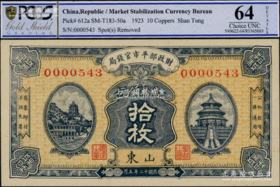 民国十二年（1923年）财政部平市官钱局当拾铜元拾枚，山东地名，背盖“济南平市官钱局章”，九八成新
