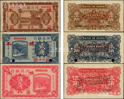 民国十八年（1929年）河北银行壹角、贰角、伍角样本券共3种全套，正背共6枚，第一版“北平”地名，其中伍角券存世珍罕，诚可遇而不可求也；源于前辈名家之遗藏，未折九五成新