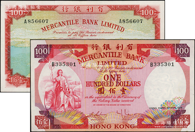 有利银行1973年壹佰圆、1974年壹佰圆共2枚不同，香港地名，九至九五成新