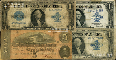 美国纸币共4枚，详分：1864年（南北战争）美利坚联盟国5美元1枚；1923年美国早期大型银币券1美元3枚；六至七成新