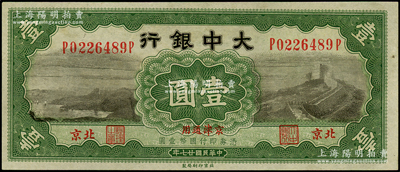 民国廿七年（1938年）大中银行长城图壹圆，北京·京津通用地名；柏文先生藏品，九五成新