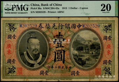 民国二年（1913年）中国银行兑换券黄帝像壹圆，广东地名，汤睿·严鸥客签名，原票七五成新