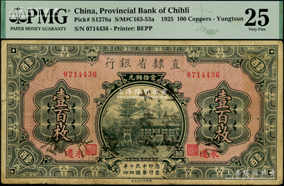 民国十四年（1925年）直隶省银行当拾铜元壹百枚，永遵地名，原票七成新