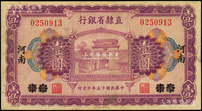 民国十五年（1926年）直隶省银行壹圆，天津改河南地名，属罕见地名券，亦为首度公诸于阳明；张宗彩先生藏品，右边侧有小贴补，七五成新