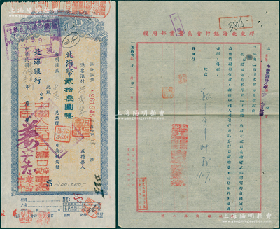 民国改1950年北海银行汇票，面额北海币改人民币贰拾万圆，时改为中国人民银行沧口办事处发行，属山东钱币学会编《北海银行货币大系》一书第859页之图片原物；另附带1949年胶东北海银行青岛营业部公函1则，言明本行撤销，改为中国人民银行青岛分行，由此可证北海银行乃人行前身之一；张勇先生藏品，罕见，八成新