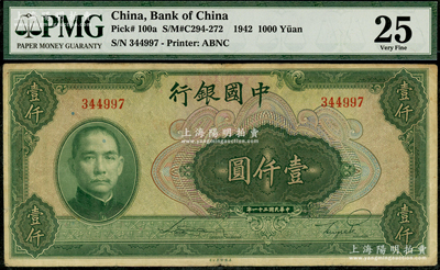 民国三十一年（1942年）中国银行美钞版壹仟圆，无字轨，PMG 25 VF