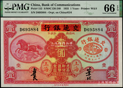 民国二十四年（1935年）中国实业银行改交通银行红飞马壹圆，D字轨，全新