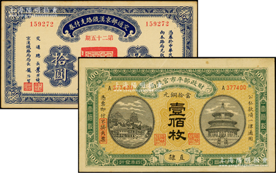 民国纸币2种，详分：财政部平市官钱局1915年当拾铜元壹佰枚，直隶地名；交通部京汉铁路支付券1922年（第25期）拾圆；台湾藏家出品，八五至九成新