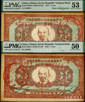 1934年中华苏维埃共和国国家银行列宁像壹圆共2枚，其中1枚属雷达号，分别为PMG 50 AU和53 AU