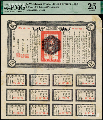 民国三十二年（1943年）晋西北巩固农币公债券贰圆，抗战时期山西解放区发行，附带有息票，少见，PMG 25 VF