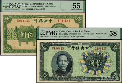 民国二十六年（1937年）中央银行中华版宝鼎伍圆、拾圆共2枚不同，均为单字轨，孔祥熙·李觉签名；海外藏家出品，九五至九八成新