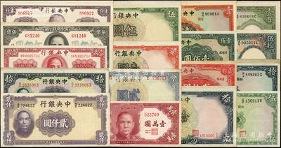 中央银行法币共58枚，详分：华德路版1936年壹圆4枚、伍圆、拾圆9枚、伍拾圆、壹百圆、壹百圆长脚签（少见），1941年拾圆5种签名，1946年贰仟圆；德纳罗版1936年壹圆7枚、伍圆13枚、拾圆3种，1941年贰圆，1947年壹万圆；保安版1941年贰拾圆、壹佰圆，1945年伍佰圆2枚、紫壹仟圆5枚，1947年壹万圆；整体品相较佳，八成至全新，敬请预览