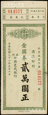民国三十八年（1949年）温州中国农民银行本票金圆券贰万圆，未见图谱记载，少见，近九成新